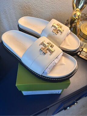 Tory Burch Cream Leather Slide Sandals with Gold Logo